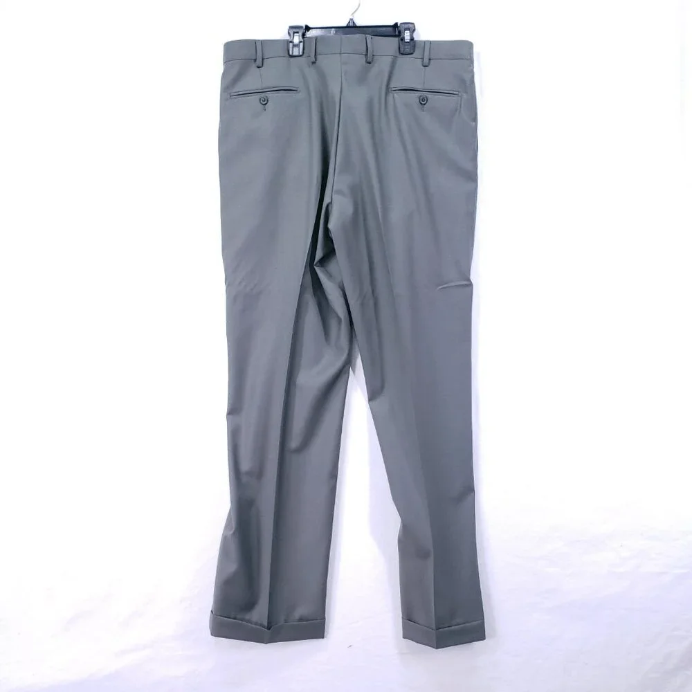 Paul Fredrick 100% Wool Italy Dark Sage Green Pleated Dress Pants Trousers 40R
